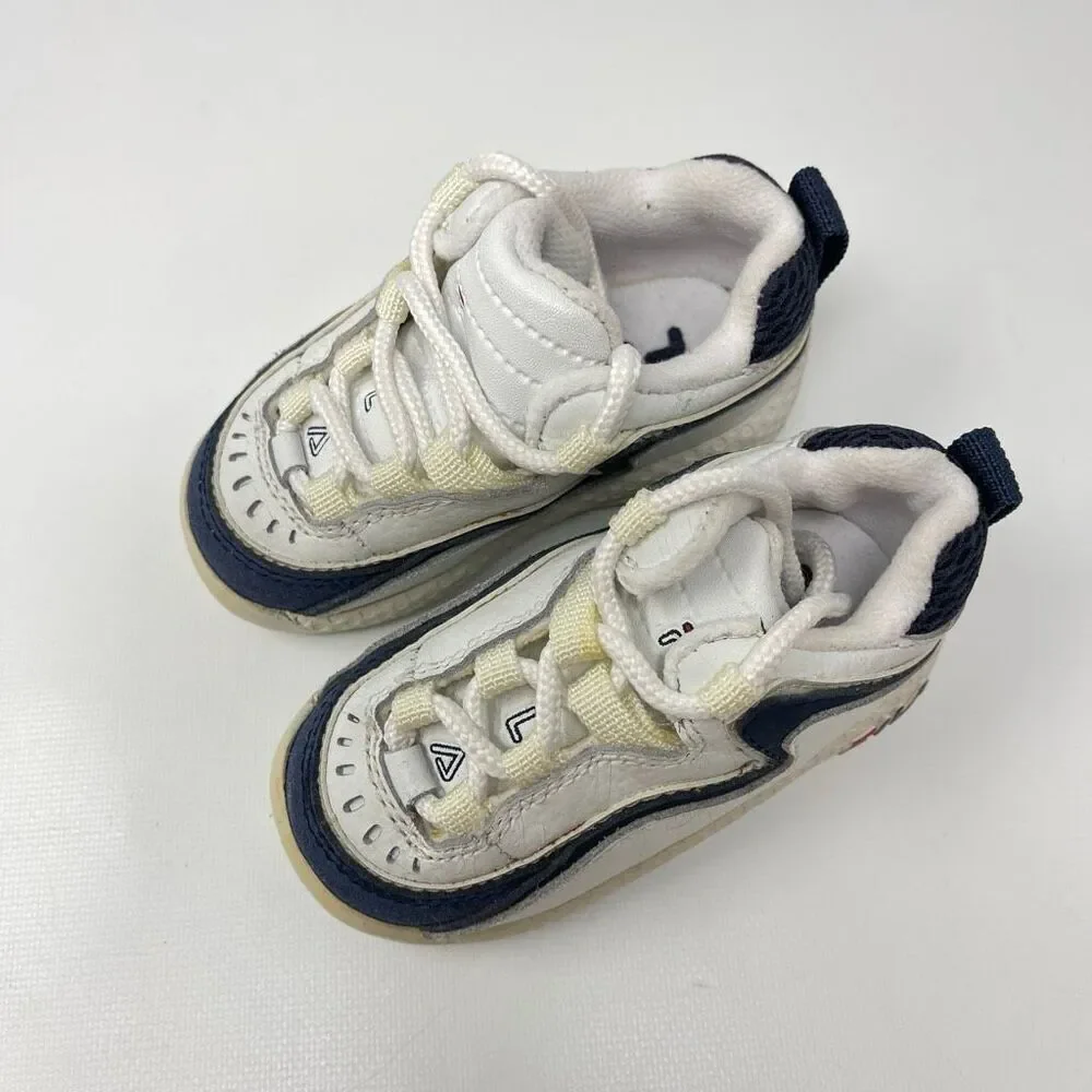 Baby Fila White Blue Lace Up Shoes Sneakers Kicks Infant Size 4 Leather Upper